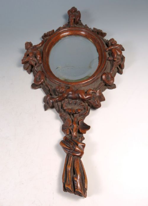 ANTIQUE CONTINENTAL CARVED WOOD CHERUB HAND OR WALL MIRROR - ADDITIONAL PHOTO 7
