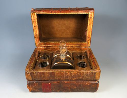 ANTIQUE FRENCH SECRET TANTALUS DECANTER FAUX BOOK LIQUOR SET - ADDITIONAL PHOTO 1