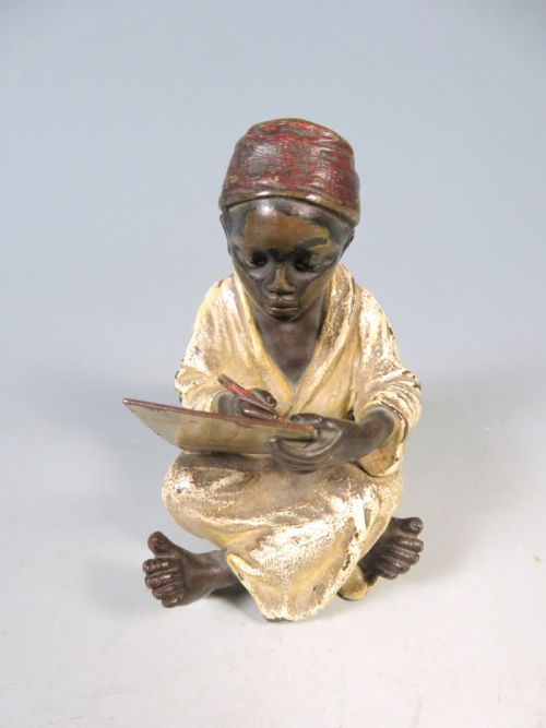 ANTIQUE FRANZ BERGMAN BRONZE SEATED BOY WRITING - ADDITIONAL PHOTO 1