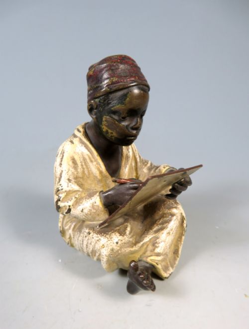 ANTIQUE FRANZ BERGMAN BRONZE SEATED BOY WRITING - ADDITIONAL PHOTO 2