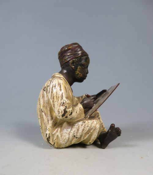 ANTIQUE FRANZ BERGMAN BRONZE SEATED BOY WRITING - ADDITIONAL PHOTO 3