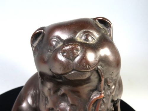 ANTIQUE JAPANESE BRONZE AKITA PUPPY DOG OKIMONO - ADDITIONAL PHOTO 2