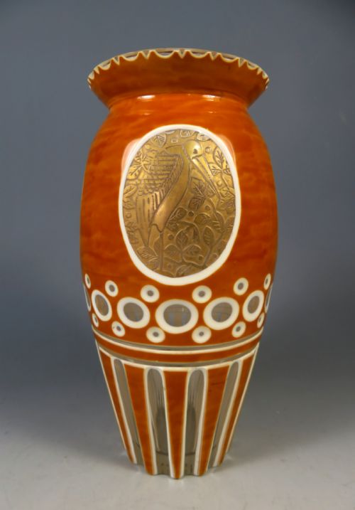 ANTIQUE HAIDA CARAMEL CUT GLASS ART DECO VASE - ADDITIONAL PHOTO 1