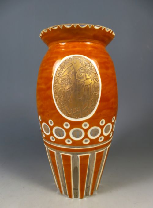 ANTIQUE HAIDA CARAMEL CUT GLASS ART DECO VASE - ADDITIONAL PHOTO 4