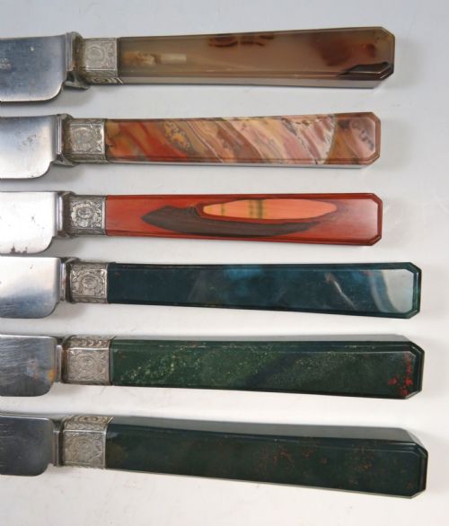 SET 6 ANTIQUE HARDSTONE SILVER CUTLERY AGATE BLOODSTONE HILLARD CHAPMAN - ADDITIONAL PHOTO 1