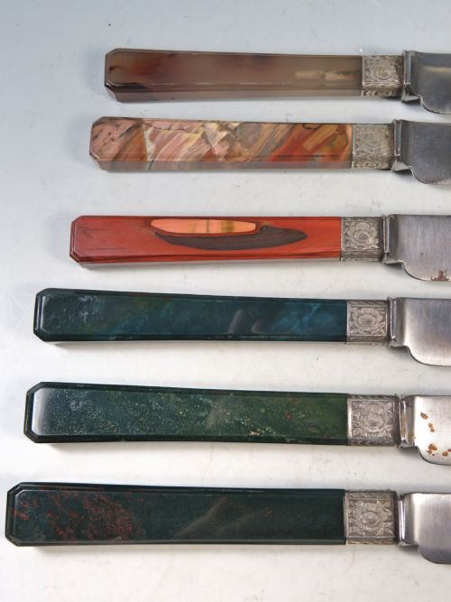 SET 6 ANTIQUE HARDSTONE SILVER CUTLERY AGATE BLOODSTONE HILLARD CHAPMAN - ADDITIONAL PHOTO 6