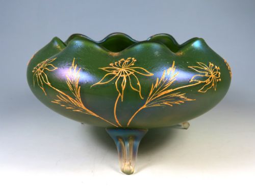 ANTIQUE LOETZ ARCADIA GLASS FOOTED BOWL WITH GILT DECORATION