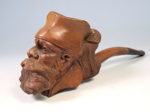 ANTIQUE HAND CARVED WOOD SMOKING PIPE BEARDED MAN - ADDITIONAL PHOTO 3
