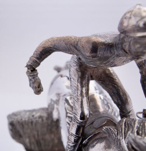 SILVER COVERED RESIN HORSE RACING SCULPTURE - ADDITIONAL PHOTO 1