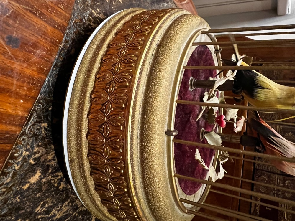 An antique brass caged singing bird automaton featuring two feathered mechanical birds on a velvet-lined base within an ornate dome-topped cage. View V