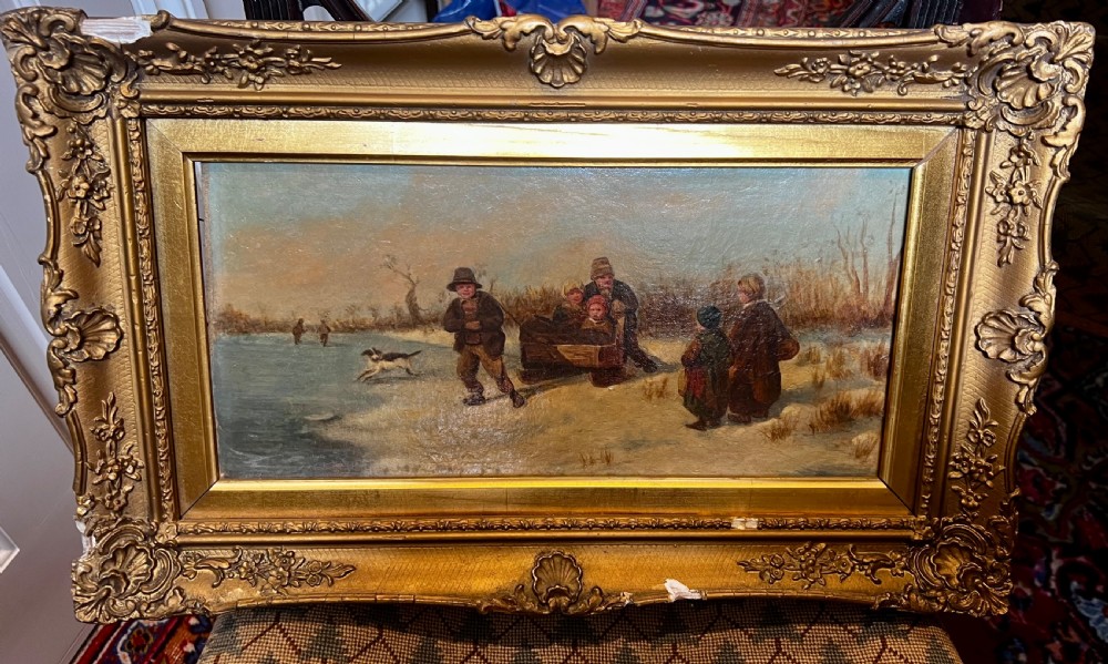 An antique Victorian oil painting featuring figures in a landscape, set within an ornate, heavily carved gold-gilt frame. View III