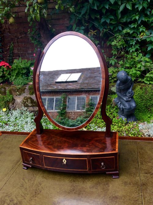 inlaid bow front toilet dressing mirror - CATEGORY: ANTIQUE MIRRORS - DATED 19TH CENTURY