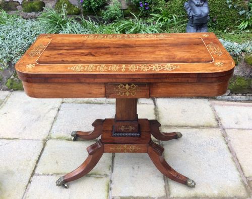 regency rosewood brass inlaid card table - CATEGORY: ANTIQUE TABLES - DATED REGENCY