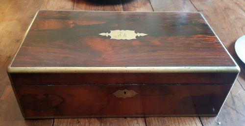 exquisite rosewood brass bound writing box - CATEGORY: ANTIQUE BOXES - DATED REGENCY
