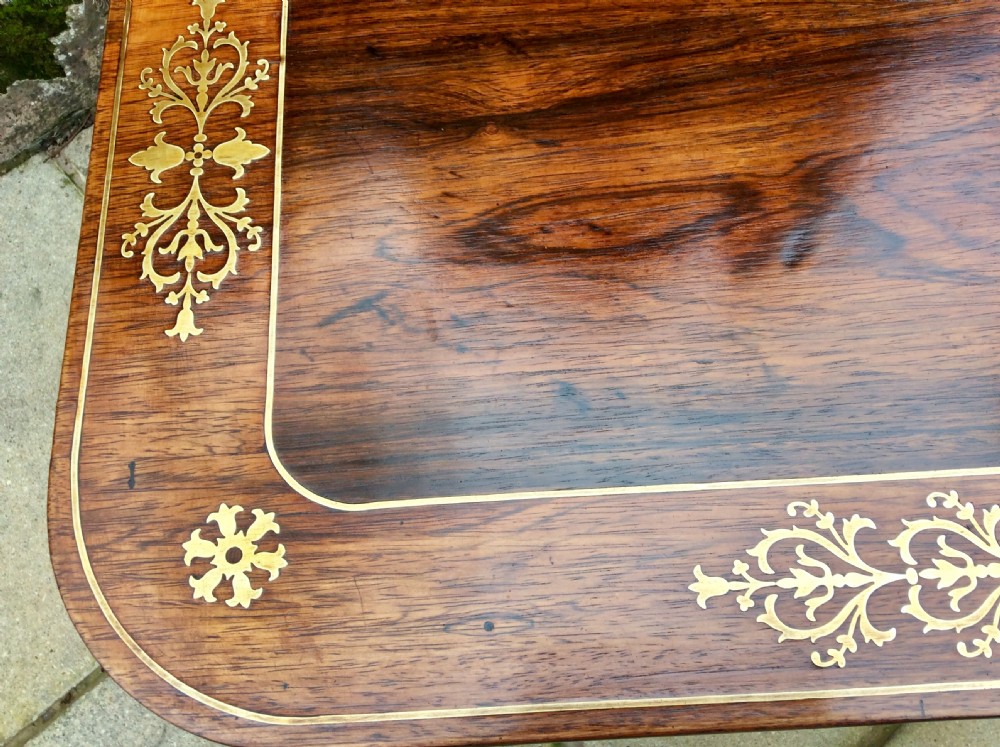 Regency, rosewood, brass inlaid card table View IX