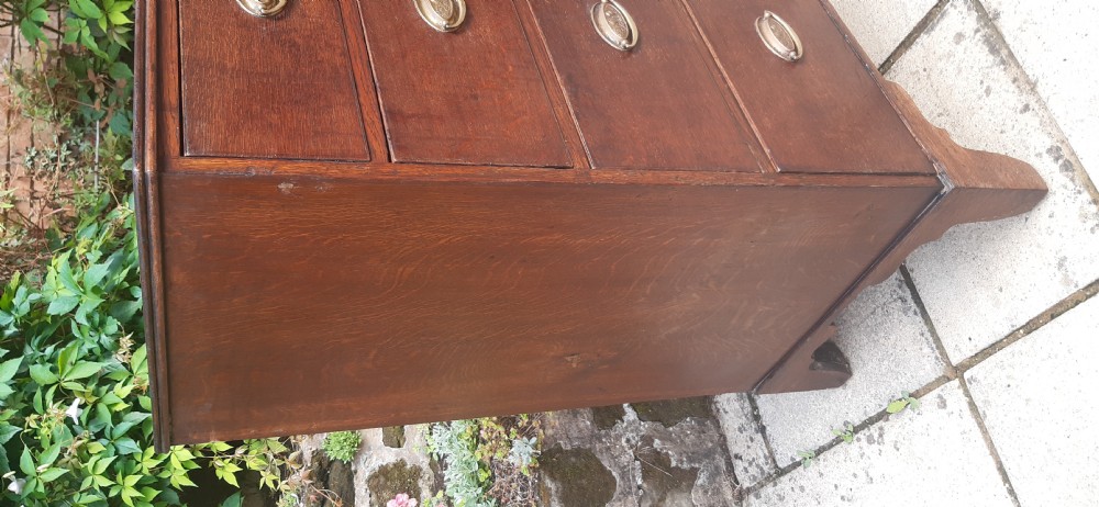 A Georgian dark oak chest of drawers featuring two short drawers over three long drawers with oval brass handles and bracket feet. View IV