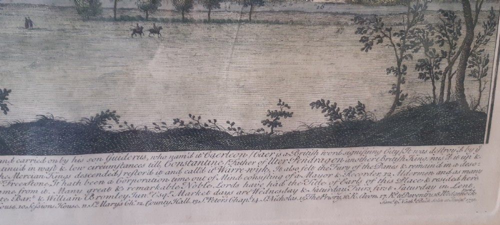 A framed panoramic 18th-century copperplate engraving showing a south-east prospect of Warwick with a grey mount and gilt frame. View III