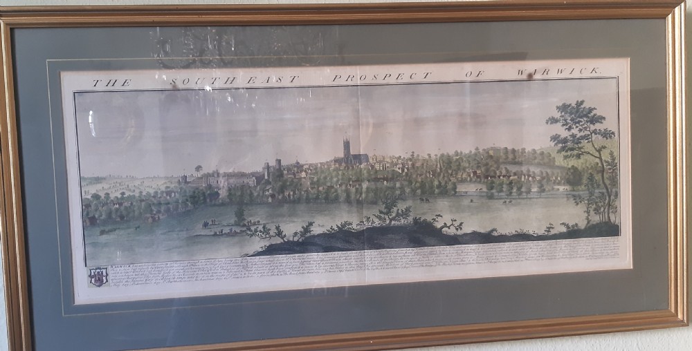A framed panoramic 18th-century copperplate engraving showing a south-east prospect of Warwick with a grey mount and gilt frame. View VI