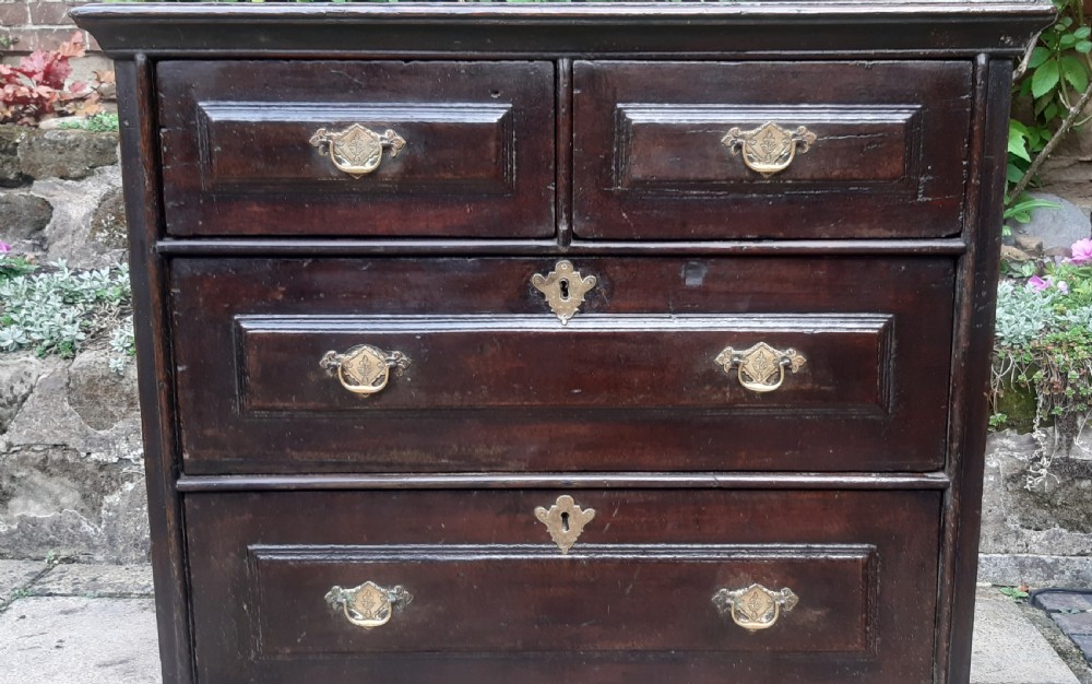 A 17th-century dark oak chest of drawers featuring geometric panelled drawer fronts, brass drop handles, keyhole escutcheons, and turned bun feet. View VII