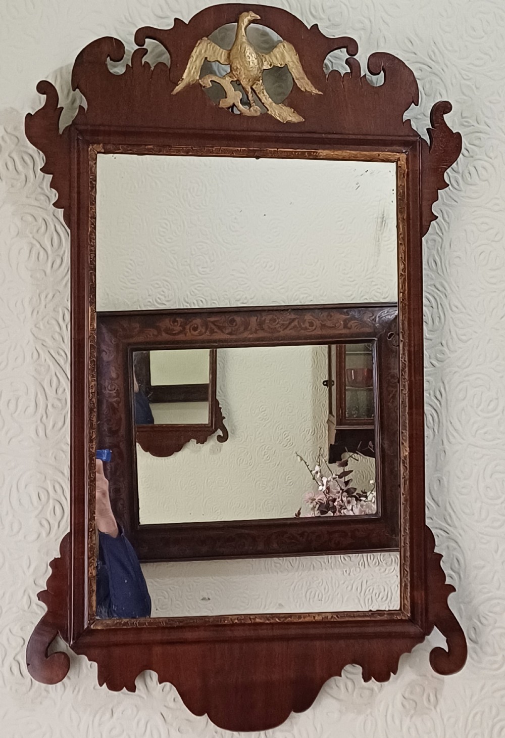 Georgian mahogany fretwork wall mirror with hoho bird