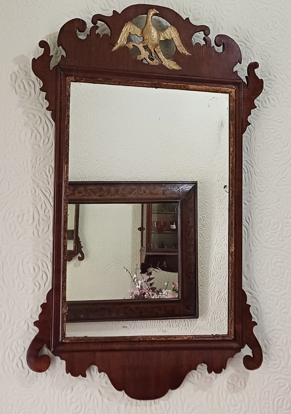 Georgian mahogany fretwork wall mirror with hoho bird View IV