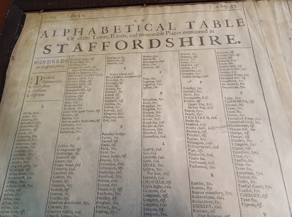 Framed 17th-century hand-coloured engraved map of Staffordshire by John Speed featuring heraldic crests and inset town plans of Stafford and Lichfield. View XI