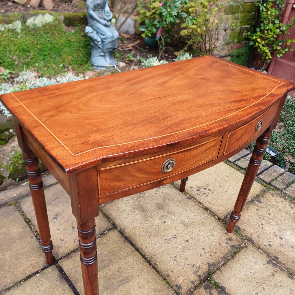 Elegant side, dressing, writing table mahogany Regency bow fronted  View II