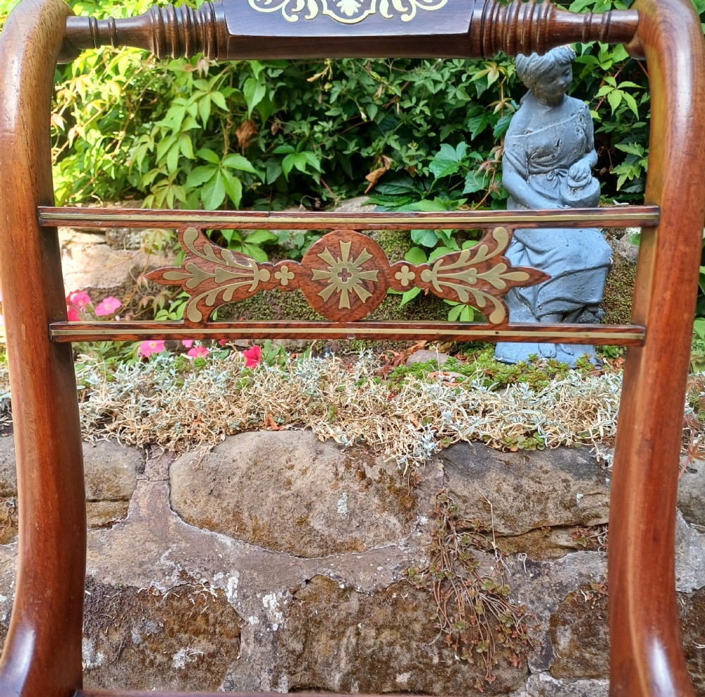 Pair Regency brass inlaid rosewood chairs View IX
