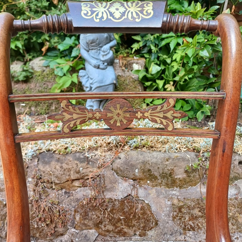Pair Regency brass inlaid rosewood chairs View X
