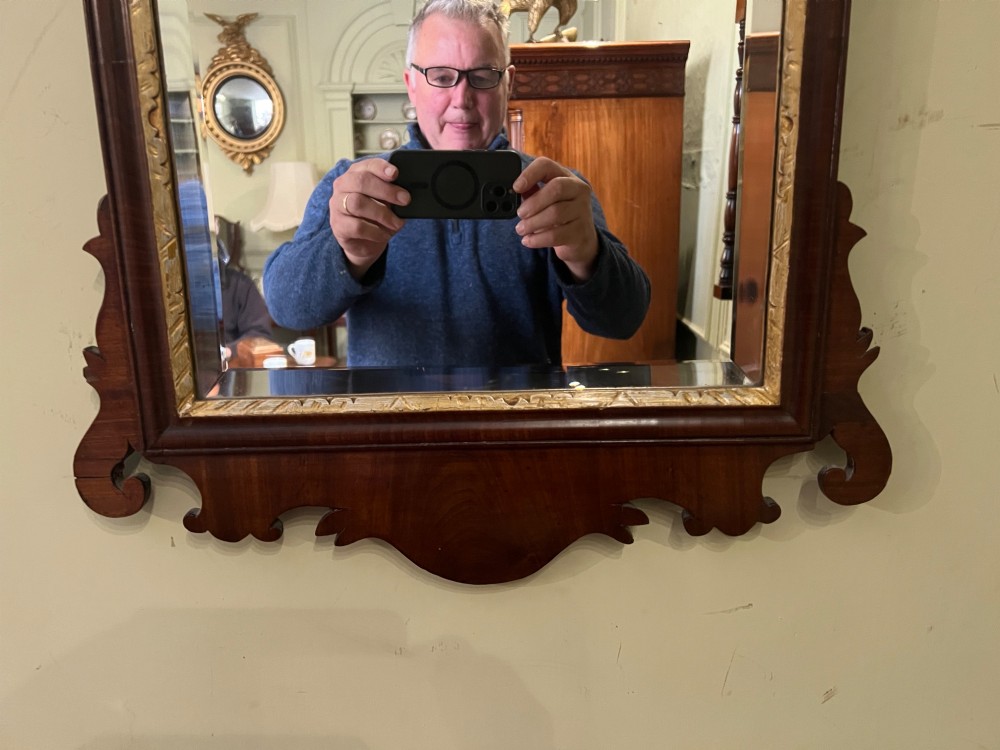 A vertical rectangular wall mirror with a dark mahogany frame, scroll-carved fretwork borders, and a gilded carved crest at the top. View III