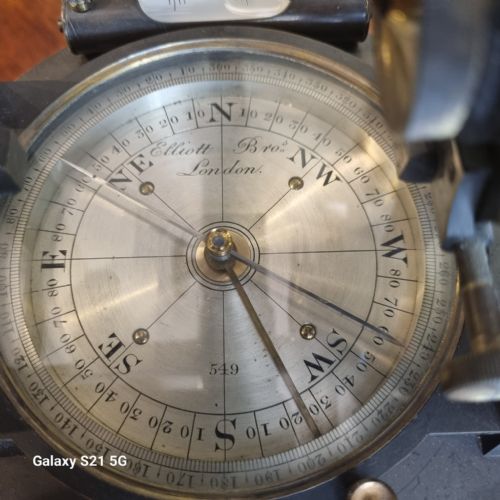fig 1. A 19th-century patinated brass vernier theodolite featuring a mounted optical telescope, spirit level, and calibrated circular scale.