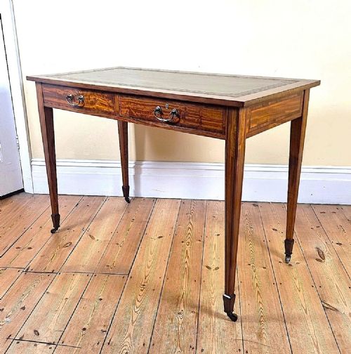 AN ANTIQUE 'SATINWOOD' WRITING TABLE WITH TULIPWOOD BANDED DECORATION - ADDITIONAL PHOTO 1