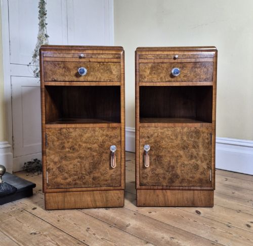 pair of art deco burr walnut bedside cabinets - CATEGORY: ANTIQUE CABINETS - DATED 1920