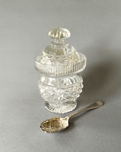 A Gorgeous Georgian Revival Cut Glass Preserve Jar & Silver Spoon