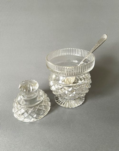 fig 1. A gorgeous Georgian Revival cut glass preserve jar & silver spoon