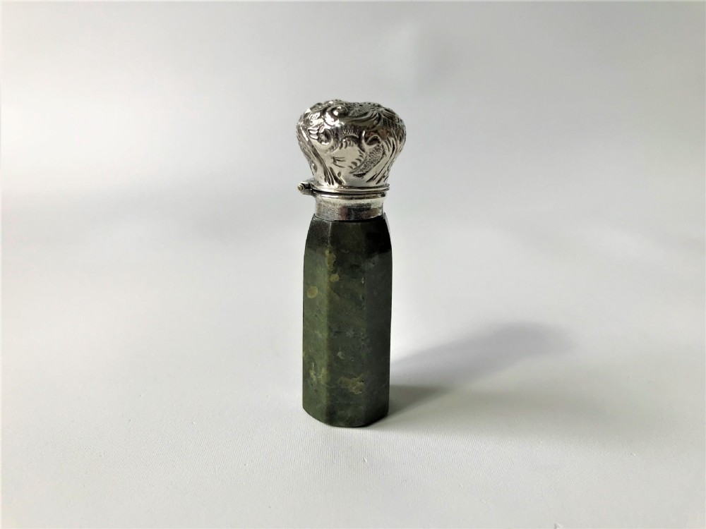 A rare Victorian silver & moss agate scent bottle View II