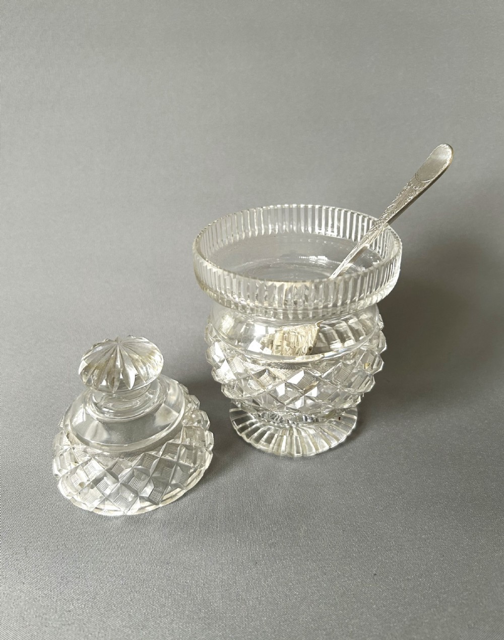 A gorgeous Georgian Revival cut glass preserve jar & silver spoon View II