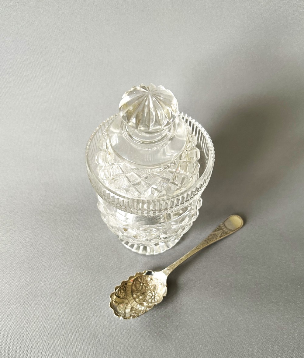 A gorgeous Georgian Revival cut glass preserve jar & silver spoon View III