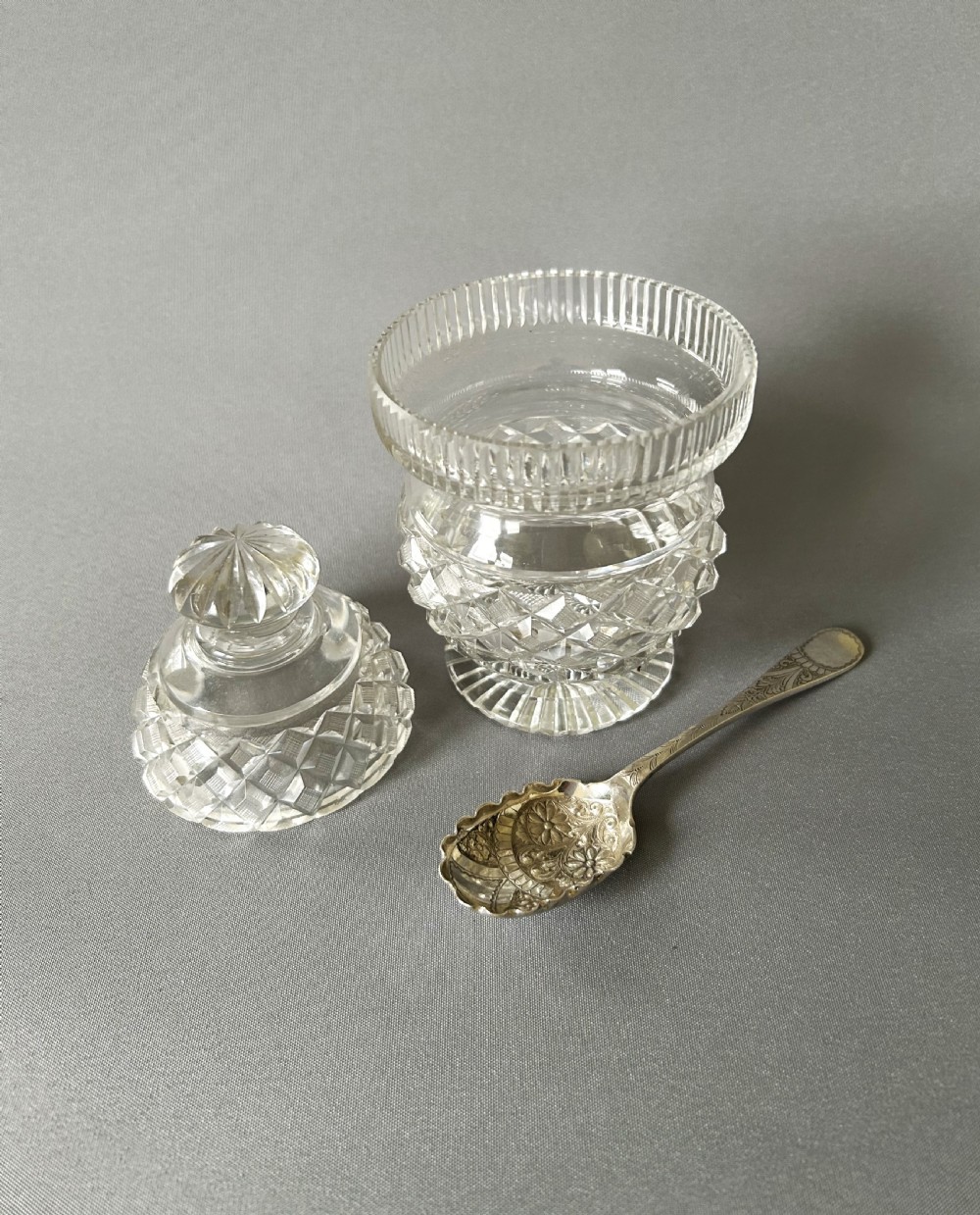A gorgeous Georgian Revival cut glass preserve jar & silver spoon View V