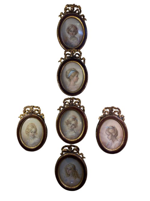 set of 6 x victorian miniature framed pastel portraits french c 1880 - CATEGORY: ANTIQUE ART - DATED 1880