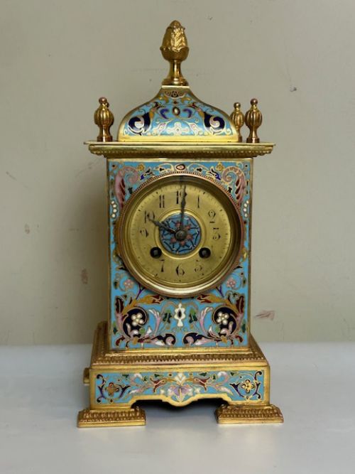 fig 1. 19th Cent. Champleve Enamel & Ormolu Mantel Clock, French, C. 1880