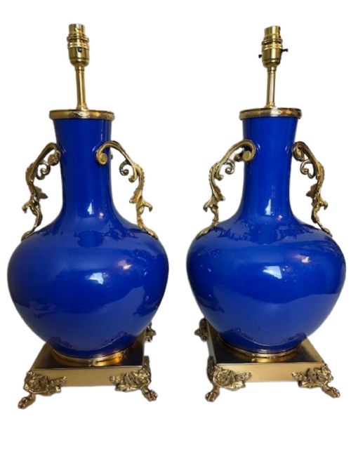 pair of late 19th cent large cobalt blue porcelain vase table lamps c 1890 - CATEGORY: ANTIQUE LIGHTING - DATED 1890
