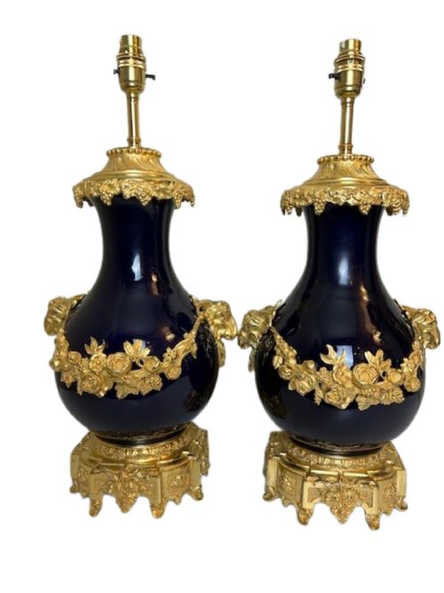 pair of ormolu blue porcelain louis xvi style vase table lamps c 1890 - CATEGORY: ANTIQUE LIGHTING - DATED 1890