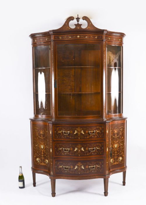 ANTIQUE MARQUETRY SERPENTINE DISPLAY CABINET BY EDWARDS ROBERTS ENGLISH 19TH CENT - ADDITIONAL PHOTO 1