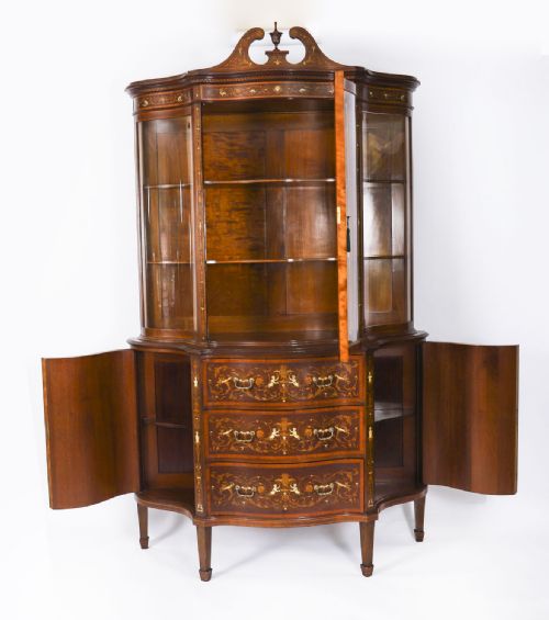 ANTIQUE MARQUETRY SERPENTINE DISPLAY CABINET BY EDWARDS ROBERTS ENGLISH 19TH CENT - ADDITIONAL PHOTO 3