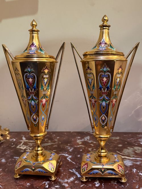 PAIR OF NAPOLEON III STYLE ENAMELLED BRONZE URNS CANDLE HOLDERS FRENCH C 1870 - ADDITIONAL PHOTO 5
