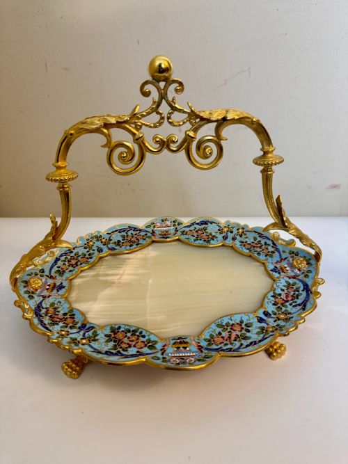 ANTIQUE ORMOLU CHAMPLEVE ENAMEL ONYX CENTREPIECETRAY FRENCH C 1900 - ADDITIONAL PHOTO 1