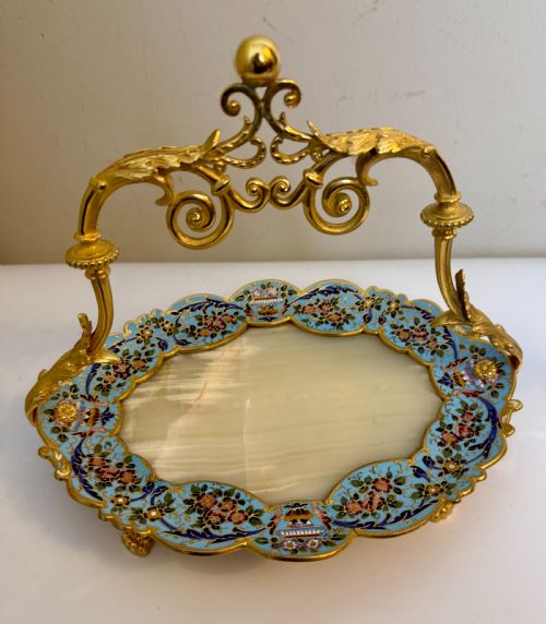 ANTIQUE ORMOLU CHAMPLEVE ENAMEL ONYX CENTREPIECETRAY FRENCH C 1900 - ADDITIONAL PHOTO 4