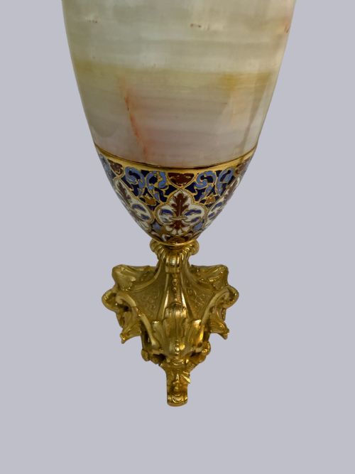 PAIR OF ORNATE FRENCH ONYX AND CHAMPLEVE VASES ON BRONZE GILT BASES - ADDITIONAL PHOTO 1