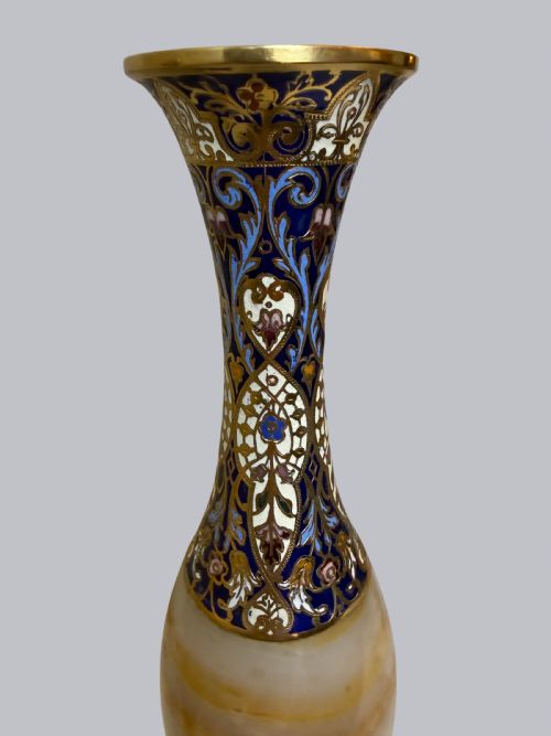 PAIR OF ORNATE FRENCH ONYX AND CHAMPLEVE VASES ON BRONZE GILT BASES - ADDITIONAL PHOTO 3